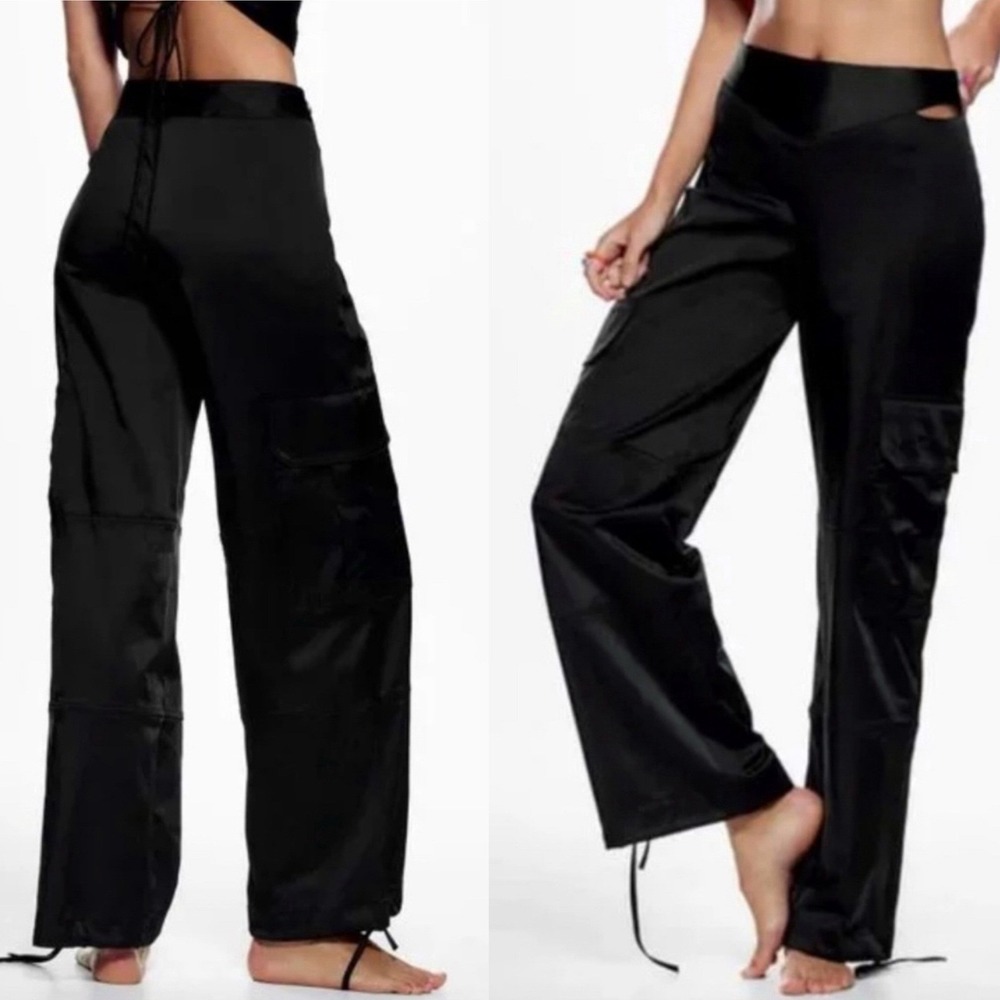 Zara Black Cargo Pants XS Drawstring Hem Cut Out Waist Streetwear‎ Trousers